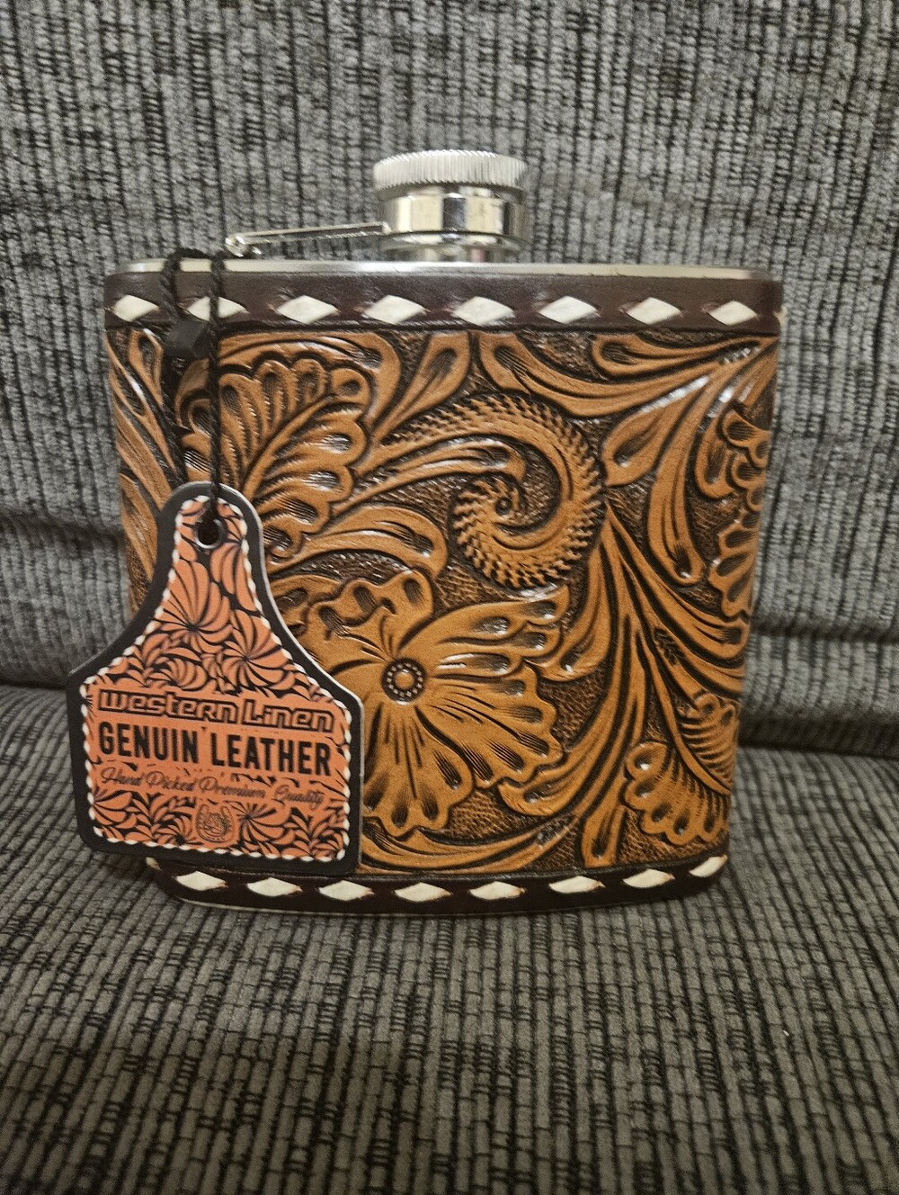 Brown Tooled Leather Flask 16oz